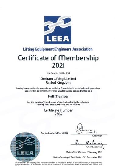 Durham Lifting LEEA Full Membership certificate